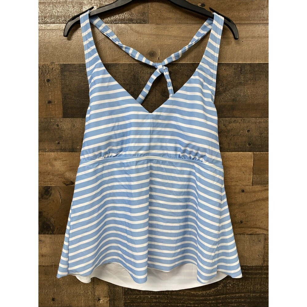 Lands' End Light Blue Striped Flutter Halter Strap Tankini Swim Top Size L 14-16